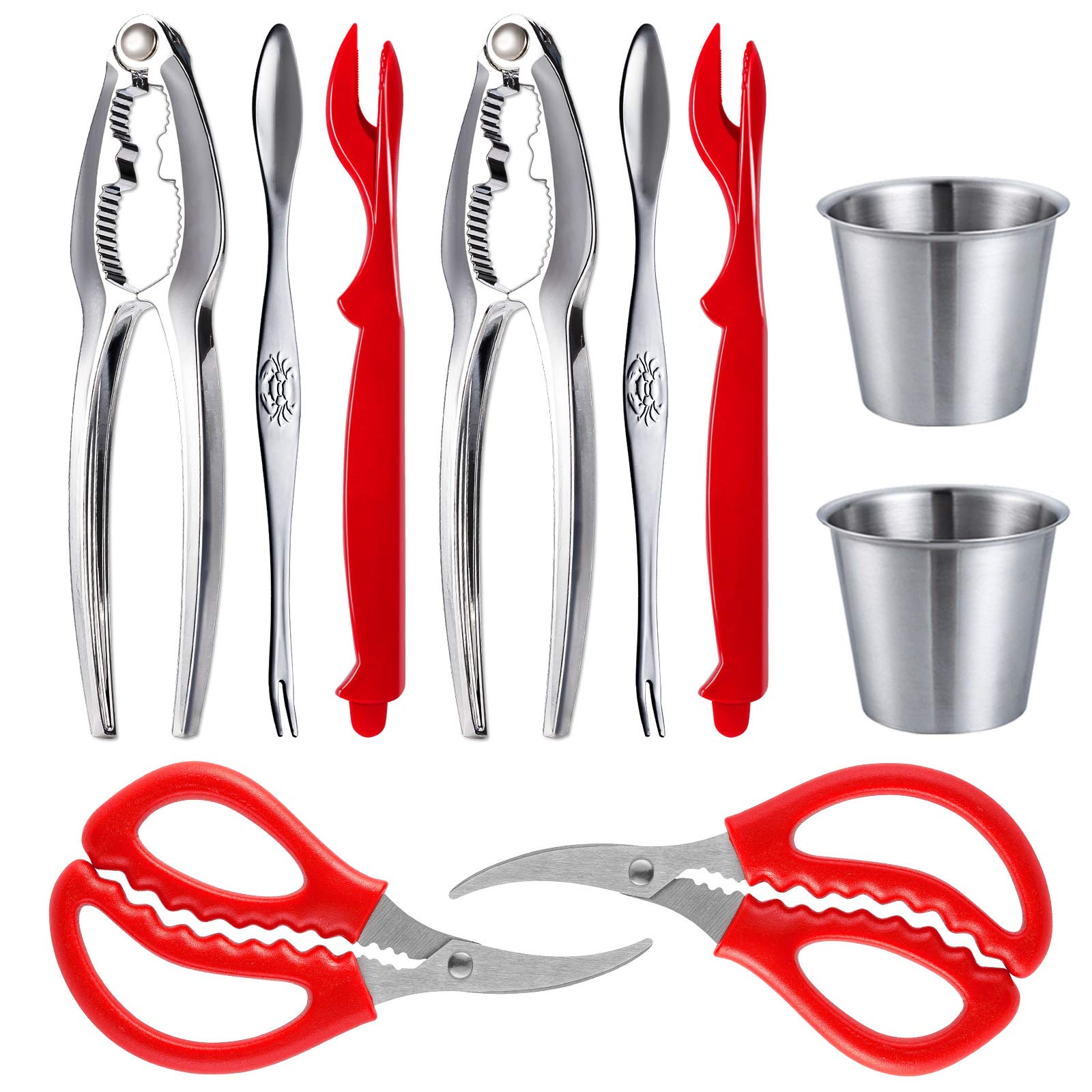 Seafood Tools Set, Crab Crackers and Tools with 2 Seafood Scissors, 2 Lobster Crackers, 2 Seafood Forks and 2 Butter Cups, 2 Red Lobster Leg knife, Crab Crackers Tools Set for Seafood Boil(10 Pcs)