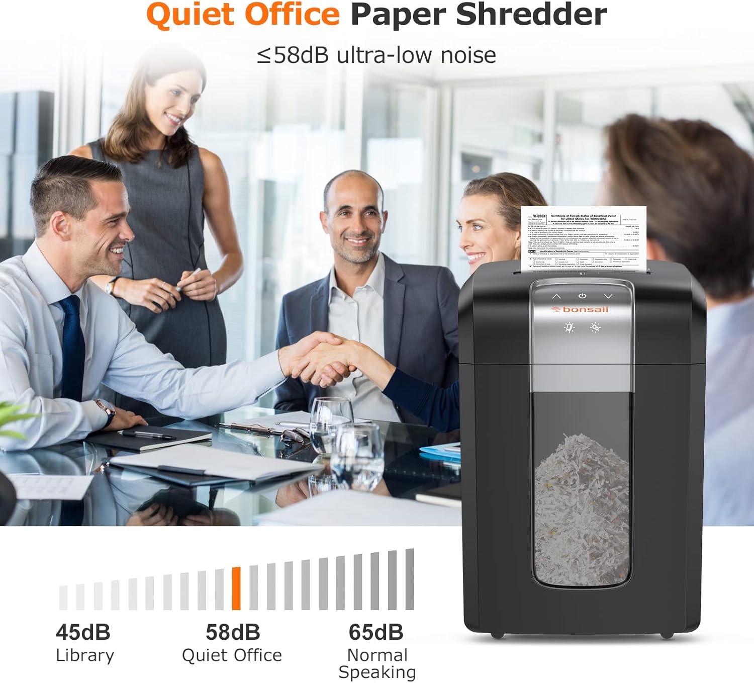 Bonsaii 3S30 Upgrade shredder in an office setting with a sound level meter showing 58dB for quiet office operation.