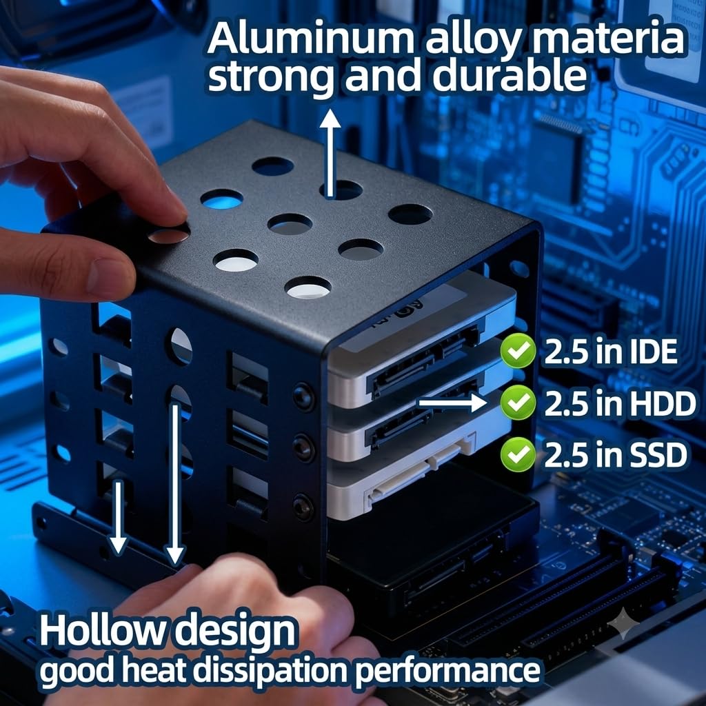 Rack di Montaggio per HDD, Gabbia per Disco Rigido da 2,5 Pollici Backplane per Rack Mobile a 4 Baie Staffa di Archiviazione per Disco Rigido Cavo in Lega di Alluminio(Nero)