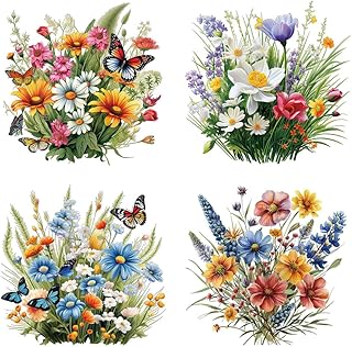 4PCS Flower Butterfly Heat Transfer Vinyl HTV Decals Spring Floral Theme Iron on Patches Watercolor Iron on Appliques Adhesive Craft Vinyl for Holiday DIY Fabric T-Shirt Pillows Decorations