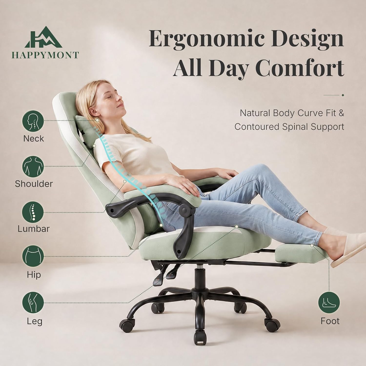 Computer Gaming Chair - High Back Ergonomic Desk Chair with Footrest and Lumbar Support, Height Adjustable Task Chair with Linkage Armrests and Headrest, 360° Swivel Wheels, Green