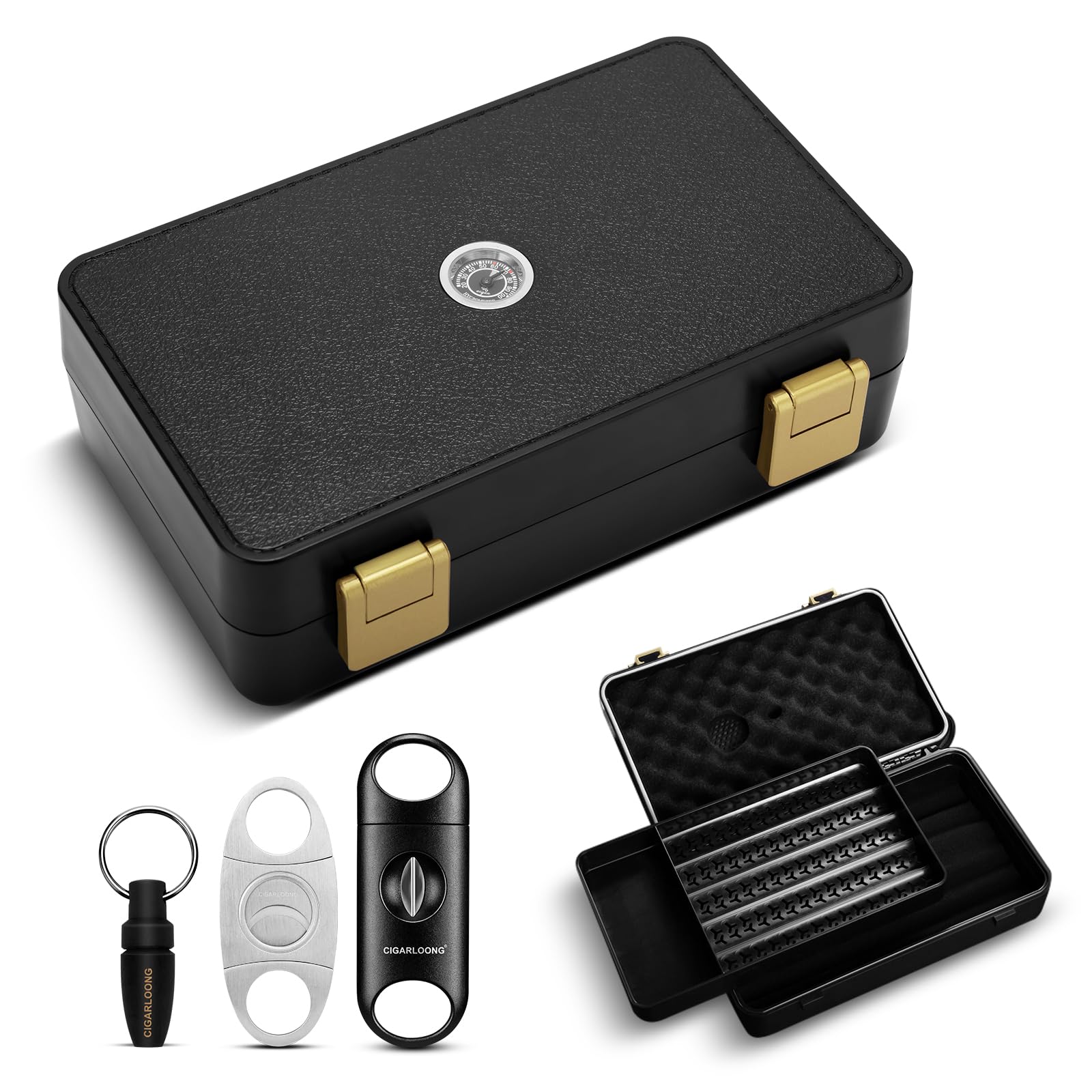Zigarren Reise Humidor mit Luftbefeuchter und Hygrometer, Zigarrenkoffer mit 3 Zigarrenschneidern, hält bis zu 10 Zigarren (schwarz)
