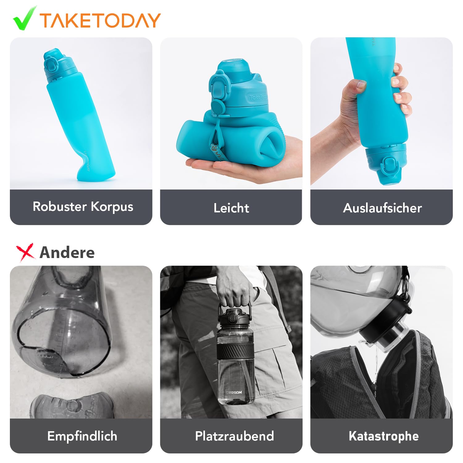 TakeToday Faltbare Trinkflasche 1000ml and Zusammenklappbarer Reisebecher 240 ml