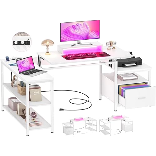 Aheaplus L Shaped Desk with Power Outlet, Standing Home Office Desk with Lift Top and File Drawer, 63'' Corner Computer Desk with Monitor Stand&Printer Shelves, Gaming Desk with Led Lights, White