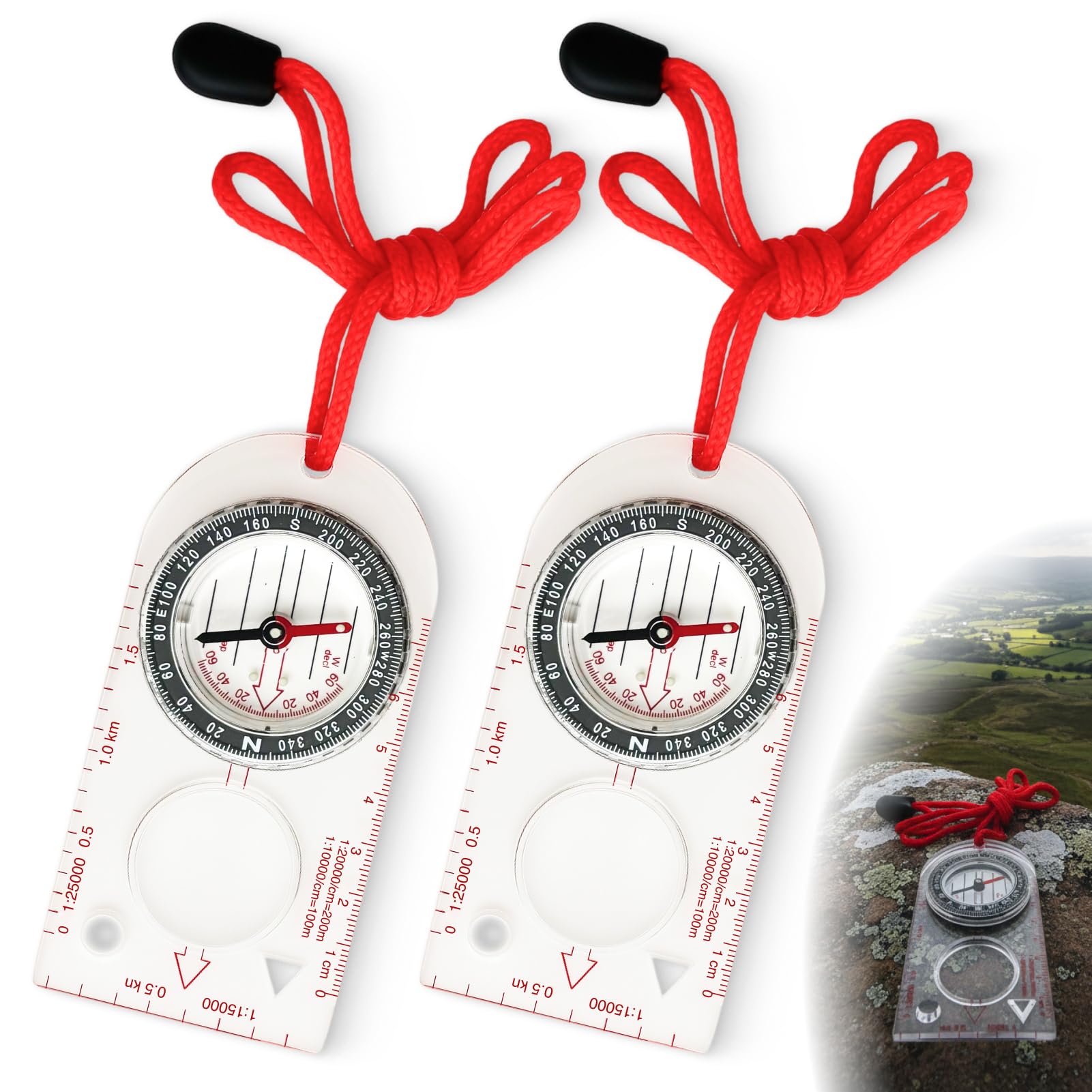 2PCS Navigation Compass, for Hiking, Camping, Orienteering and Survival, Adjustable Declination Map Reading Compass with Luminous Needle, Acrylic Baseplate, Measuring Scale and Carry Lanyard