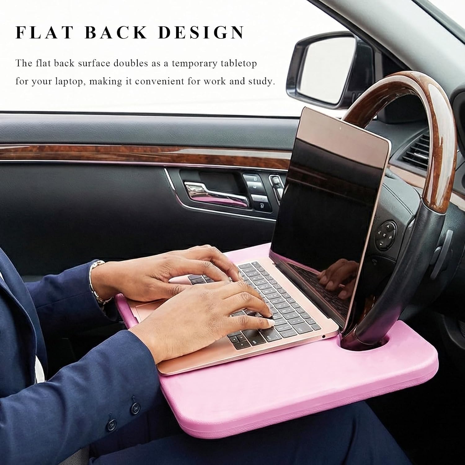 Car Steering Wheel Desk, 2 in 1 Multipurpose Auto Seat Stand Tray for Food Drink Laptop, Portable Double Sided Vehicle Steering Wheel Table for Eating & Work, Car Accessories (Pink)