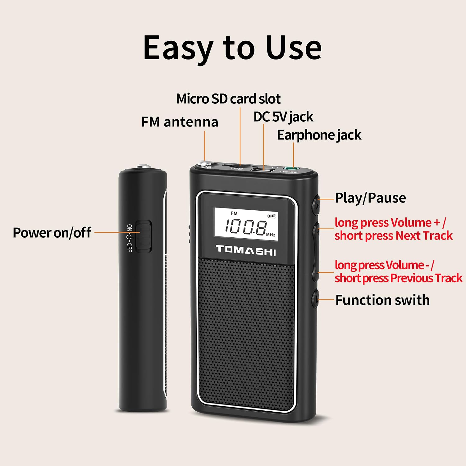 TOMASHI Portable FM Radio with Speaker, Auto Scan Pocket Radio, USB-C Rechargeable & Battery Operated, Micro SD MP3 Player, Mini Radio with Digital Display and Stereo Earphones for Home & Travel