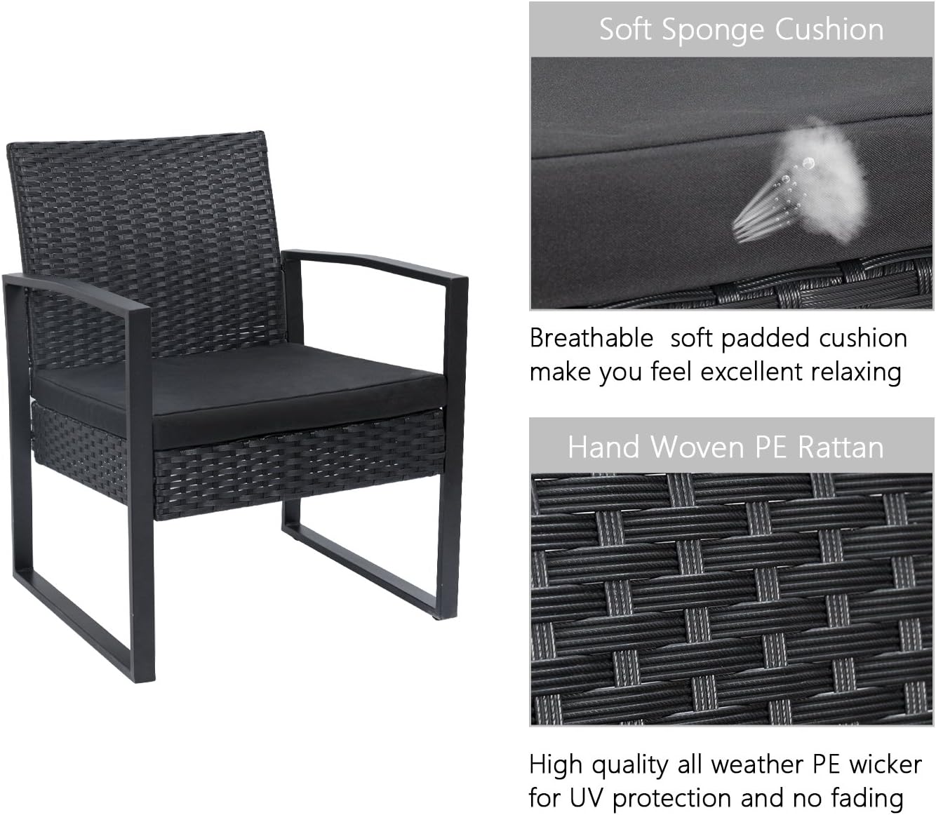 Flamaker 3 Pieces Patio Set Outdoor Wicker Furniture Sets Modern Rattan Chair Conversation Sets with Coffee Table for Yard and Bistro (Black)