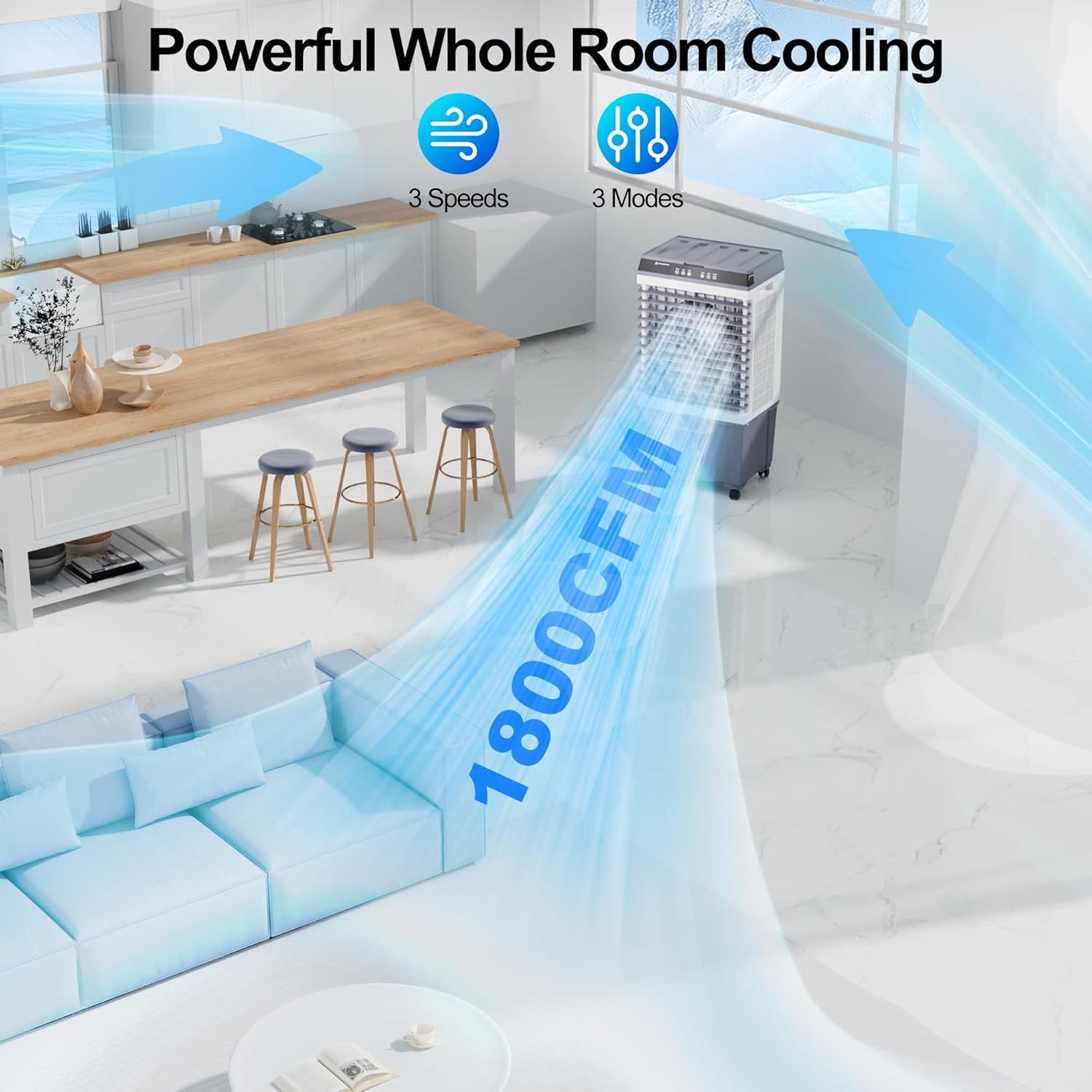 Uthfy 1800 CFM Evaporative Air Cooler, 3-IN-1 Swamp Cooler Air Conditioner with Copper Motor, 5.3 Gallon Water Tank, 6 Ice Packs, 12H Timer, 120°Oscillation, Cooling Fan for Bedroom, Office, Garage