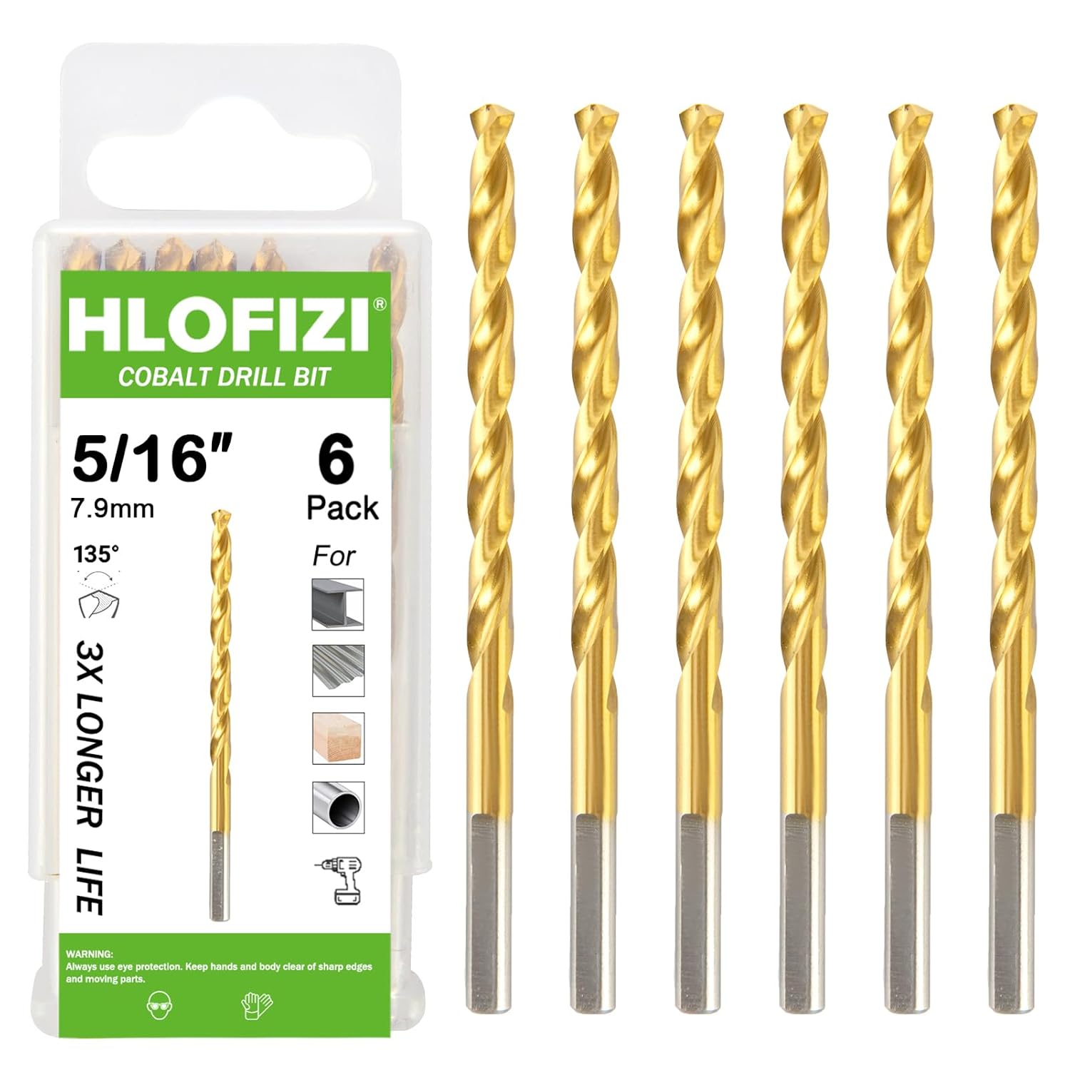 5/16" Cobalt Drill Bit (6 Pack), Titanium Twist Drill Bits for Metal, Stainless Steel, Cast Iron and Wood