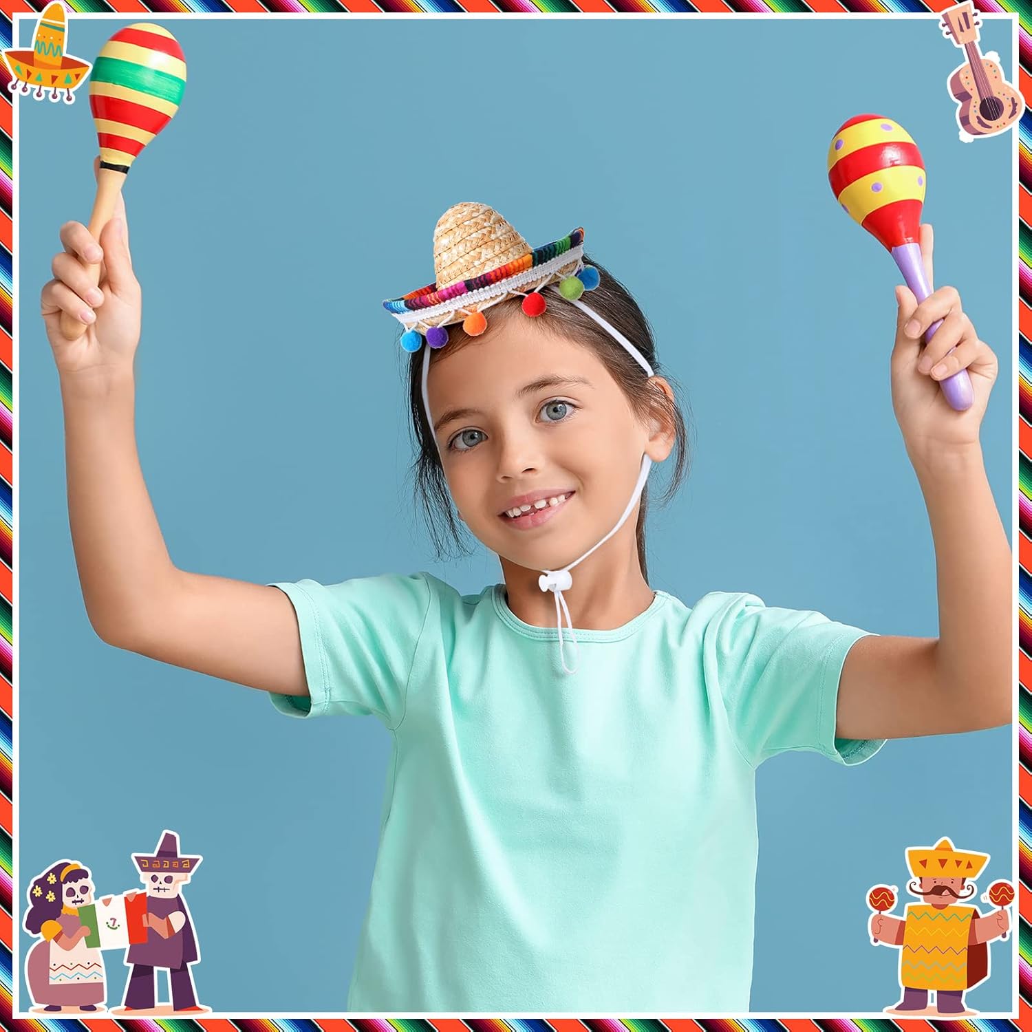 Silkfly 20 Pcs Mini Sombrero Party Hats Cinco De Mayo Straw Hat Headband with Wool Balls and Colorful Fabric Brim for Pets Kids Dolls Costume Halloween Mexican Party Decoration