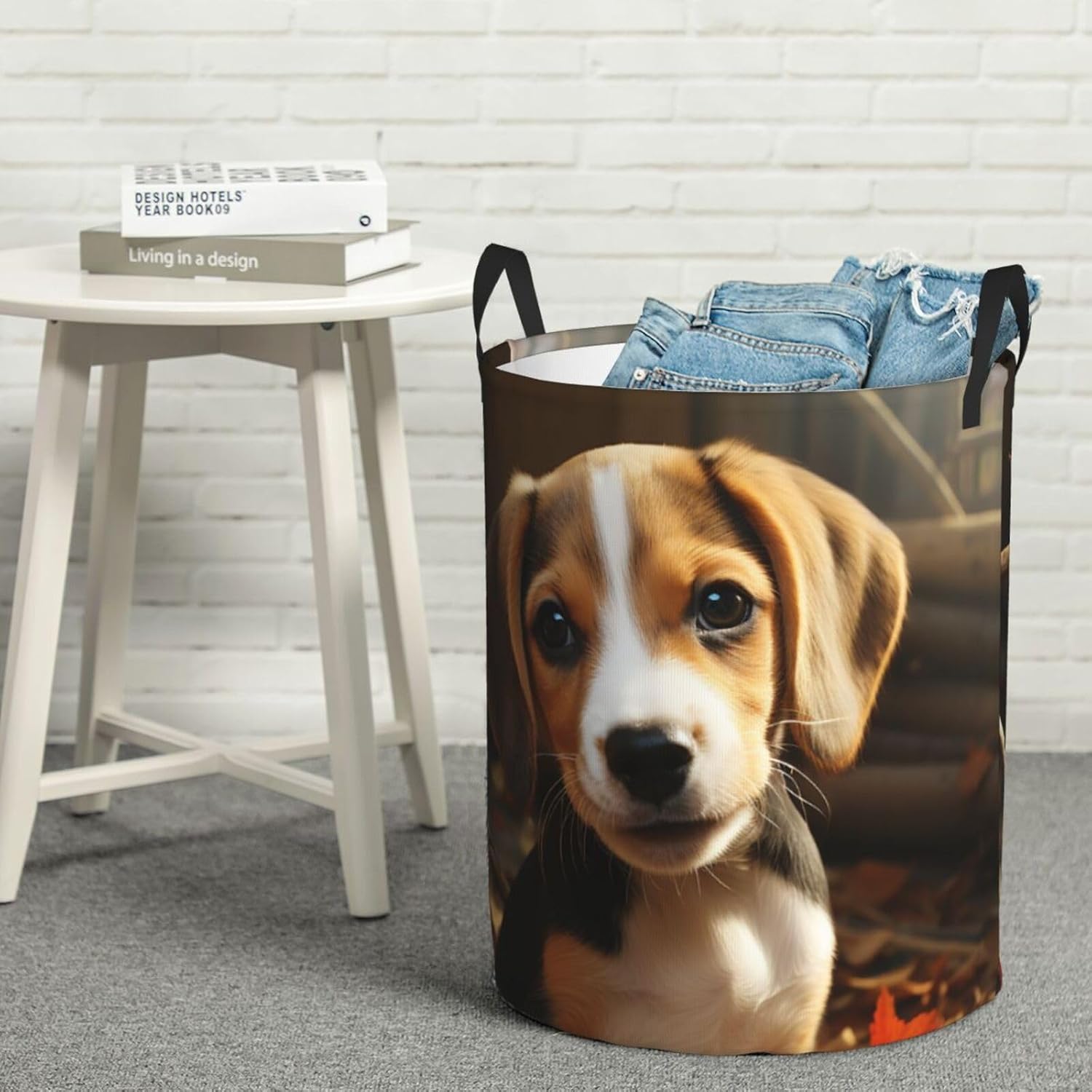Laundry Basket Collapsible Laundry Hamper Waterproof Cute Beagle Clothes Organizer with Handles Round Tall Clothes Hamper for Bedroom Bathroom, Small, Black