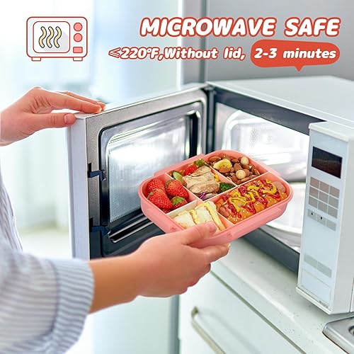 Miniatura 8 de Glotoch - Lonchera Bento rosa para adultos y niños, 5 compartimentos, apta para microondas, lavavajillas y congelador, perfecta para el trabajo, la