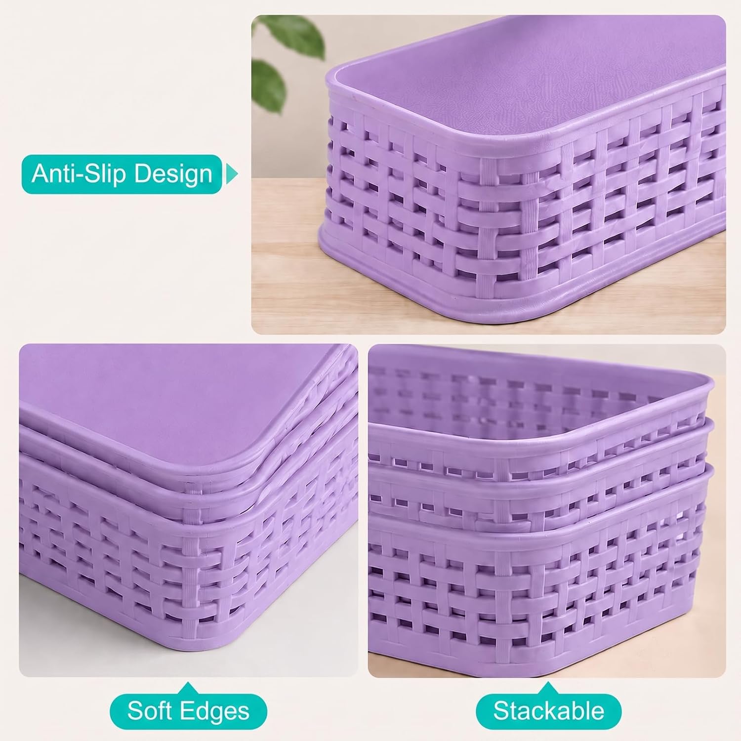 3Pcs Plastic Storage Baskets, Purple Plastic Basket, 7.9x4.7x2.4" | Lightweight Small Storage Bin Baskets, Organizer Bins Baskets for Cabinets Shelves Pantry Kitchen Bedroom Office