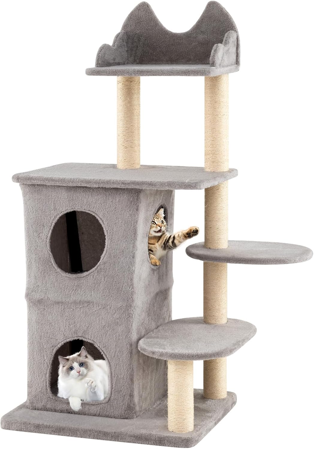 PETSITE 48.5-inch Multi-Level Cat Tree, Modern Cat Tree Tower with Sisal Scratching Posts, Double-Layer Condo, Cute Top Perch, and Multiple Jumping Platforms, Grey