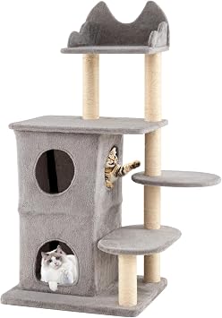 PETSITE 48.5-inch Multi-Level Cat Tree, Modern Cat Tree Tower with Sisal Scratching Posts, Double-Layer Condo, Cute Top Perch, and Multiple Jumping Platforms, Grey