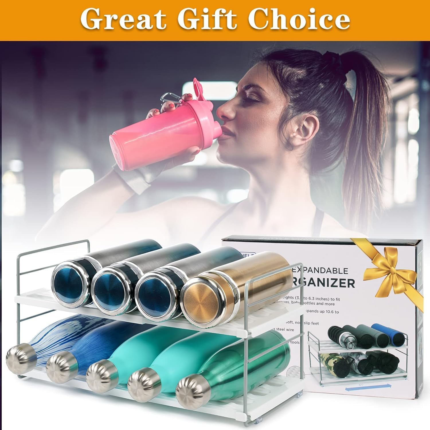 Water Bottle Organizer For Cabinet, Adjustable Tumbler Storage, Expandable Water Bottle Holder For Kitchen Organization, 2 Tier Cup Organizer For Sports Flask Insulated Travel Mug Fridge, White - Image 8