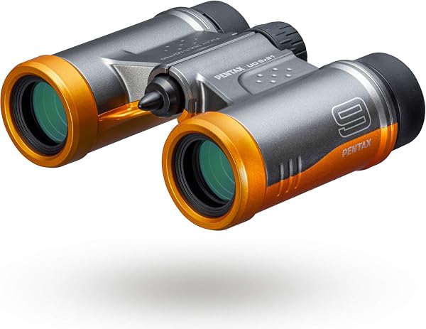 PENTAX Lornetka UD 9×21 – szara i pomarańczowa. Jasne i wyraźne pole widzenia, lekki korpus z pryzmatem dachowym, optyka w pełni wielowarstwowa, powiększenie 9x, idealne na koncerty, sport, podróże.