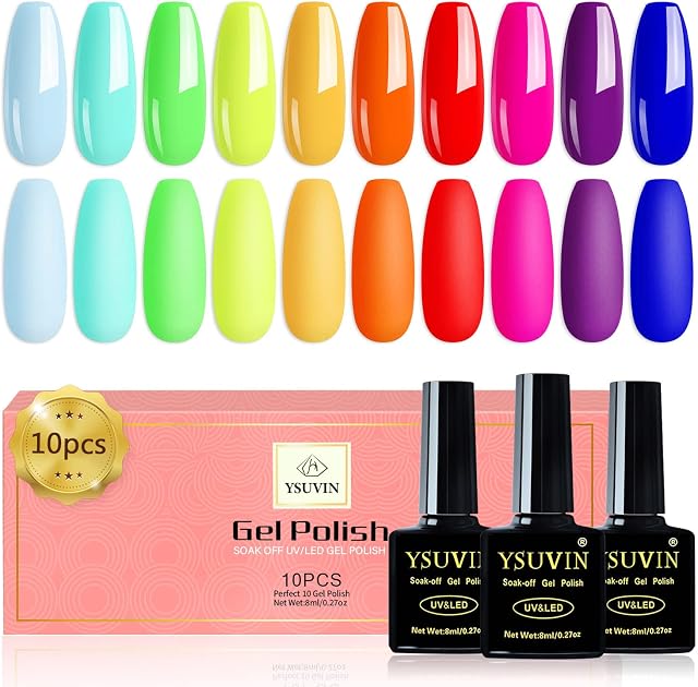 Yueshop Neon Rainbow Gel Nail Polishes-10PCS Blue Pink Red Yellow Purple Rainbow Colors Popular Gel Nail Polish Set, Soak Off UV LED Nail Lamp Gel Nail Varnish Manicure For Women Beauty Gift (10x 8ml)