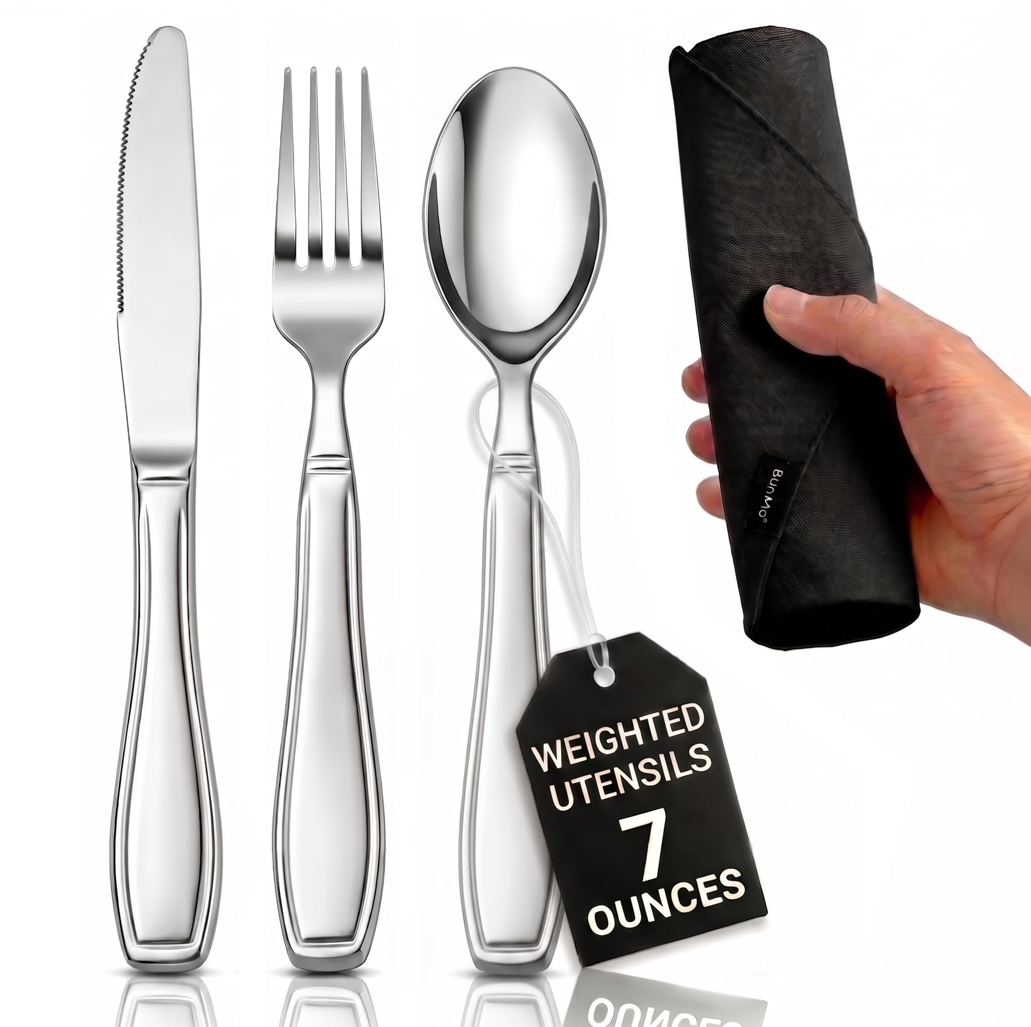 BUNMO Utensils for Elderly, Arthritis, Weak Hand Grip & Handicapped - for Tremors and Parkinsons Patients - Stainless Steel - Eat Independently - Weighted 3 Piece Set
