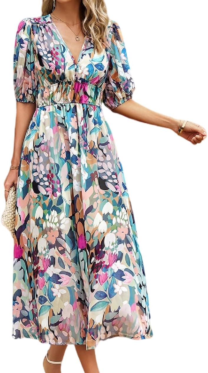 futurino Summer Casual Maxi Dress for Women Floral Dress Deep V Neck High Waist Short Sleeve Dress for Women