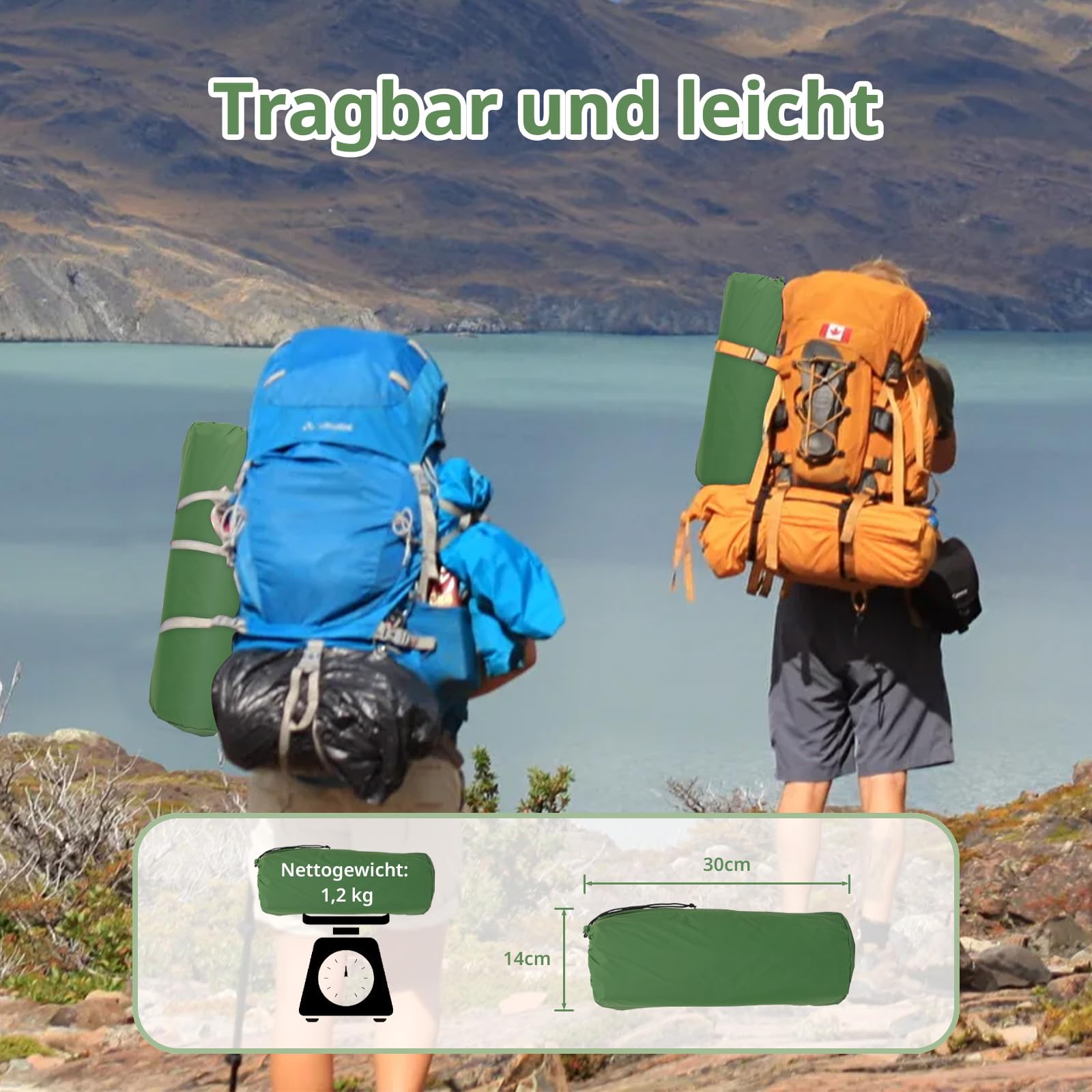 Materassino autogonfiabile per 2 persone, materassino da campeggio con pompa, ultraleggero con cuscino integrato, impermeabile, per esterni, escursioni, 120 x 190 cm (verde)