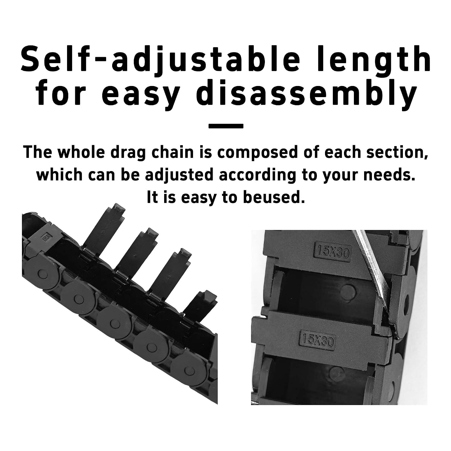 15mm x 30mm Plastic Cable Wire Carrier Drag Chain, 1M Semi Enclosed Flexible Track with End Connectors, Openable for CNC Router, 3D Printer, Milling Machine, Wire Management, Black
