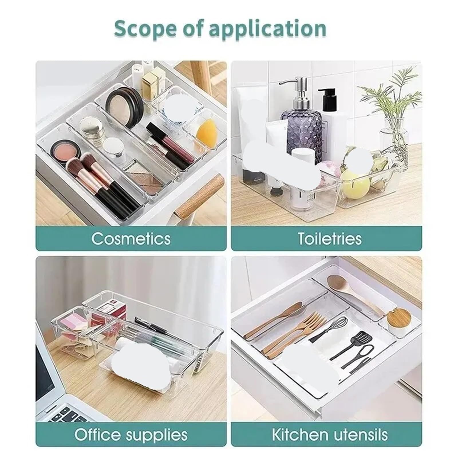Set di 4 organizer for cassetti in plastica trasparente, contenitori divisori for scrivania, camera da letto, ufficio Per Cassetti