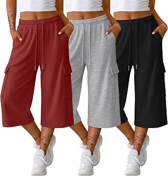 3 Pack Womens Capri Pants with 4 Pockets | Cropped Sweatpants, Wide Leg, Baggy, Athletic, Casual, Loose, Cargo Capris