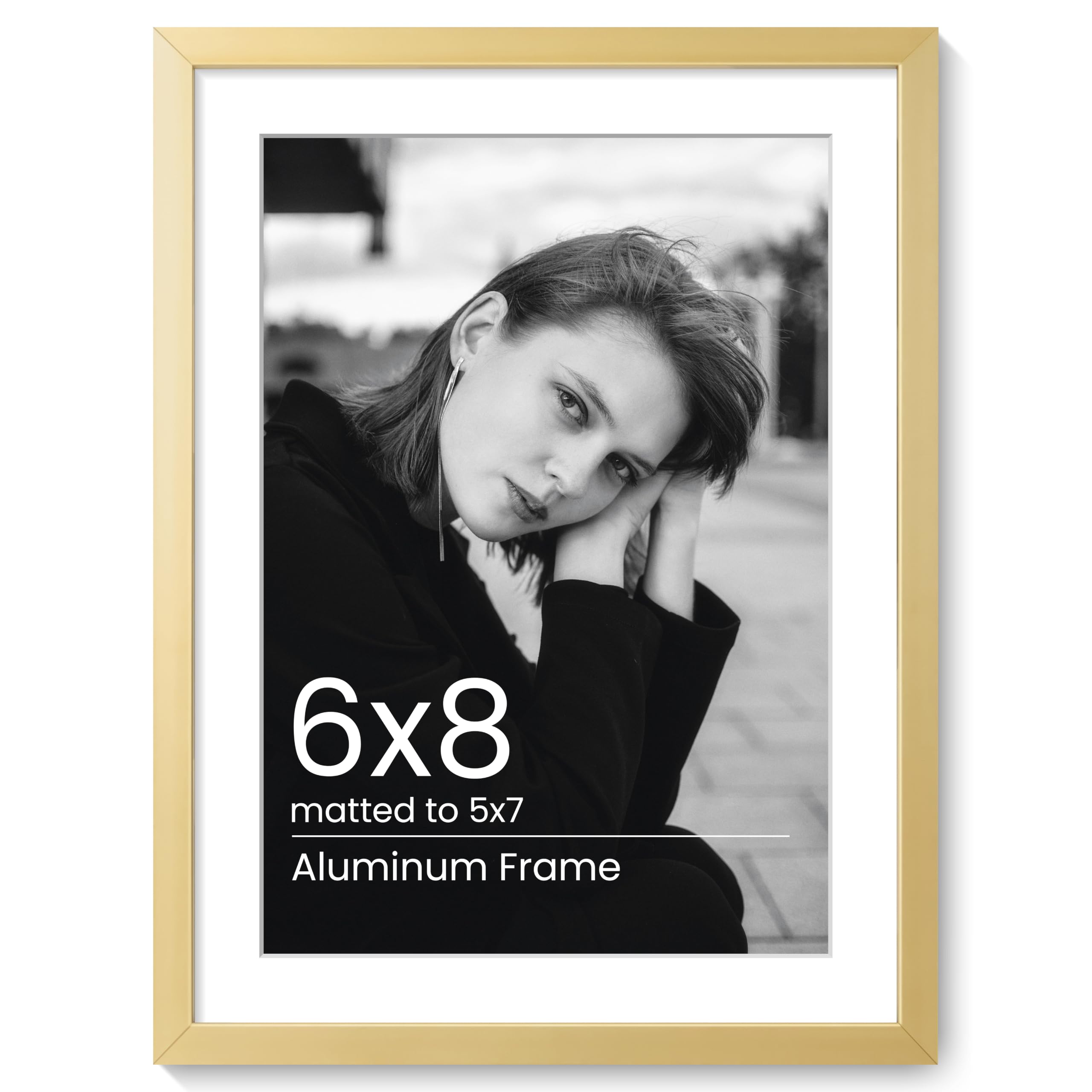 KovaScape 6x8 Aluminum Photo Frame - Modern Flat Metal Picture Frames with 5x7 Removable Mat and HD Glass - Versatile Wall & Tabletop Display for Gallery Art, Gold
