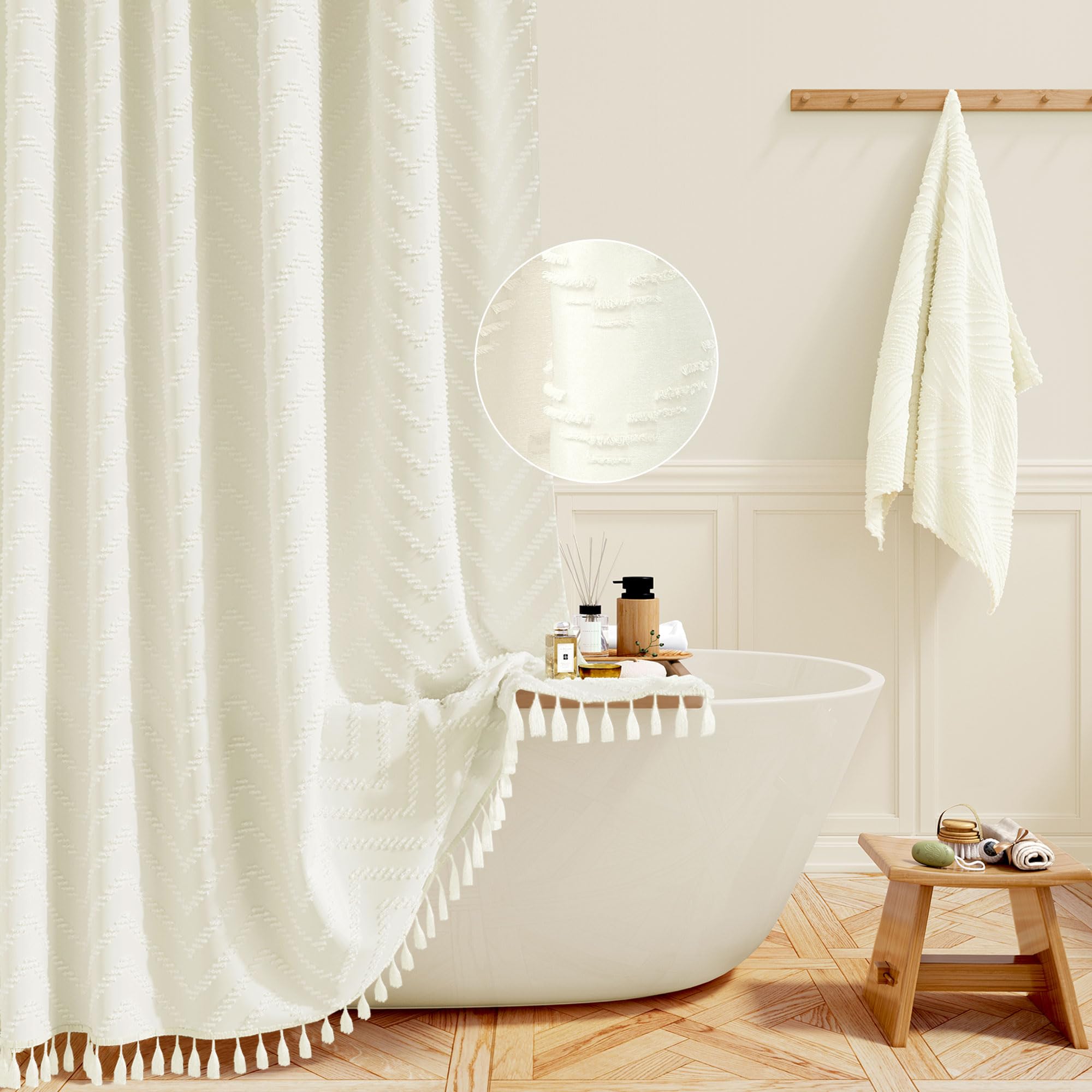 BTTN Boho Farmhouse Shower Curtain, Tufted Chevron Striped Tassel Shower Curtains, Durable and Washable with 12 Plastic Hooks, Vintage Bohemian, 182 x 182cm, Beige/Cream