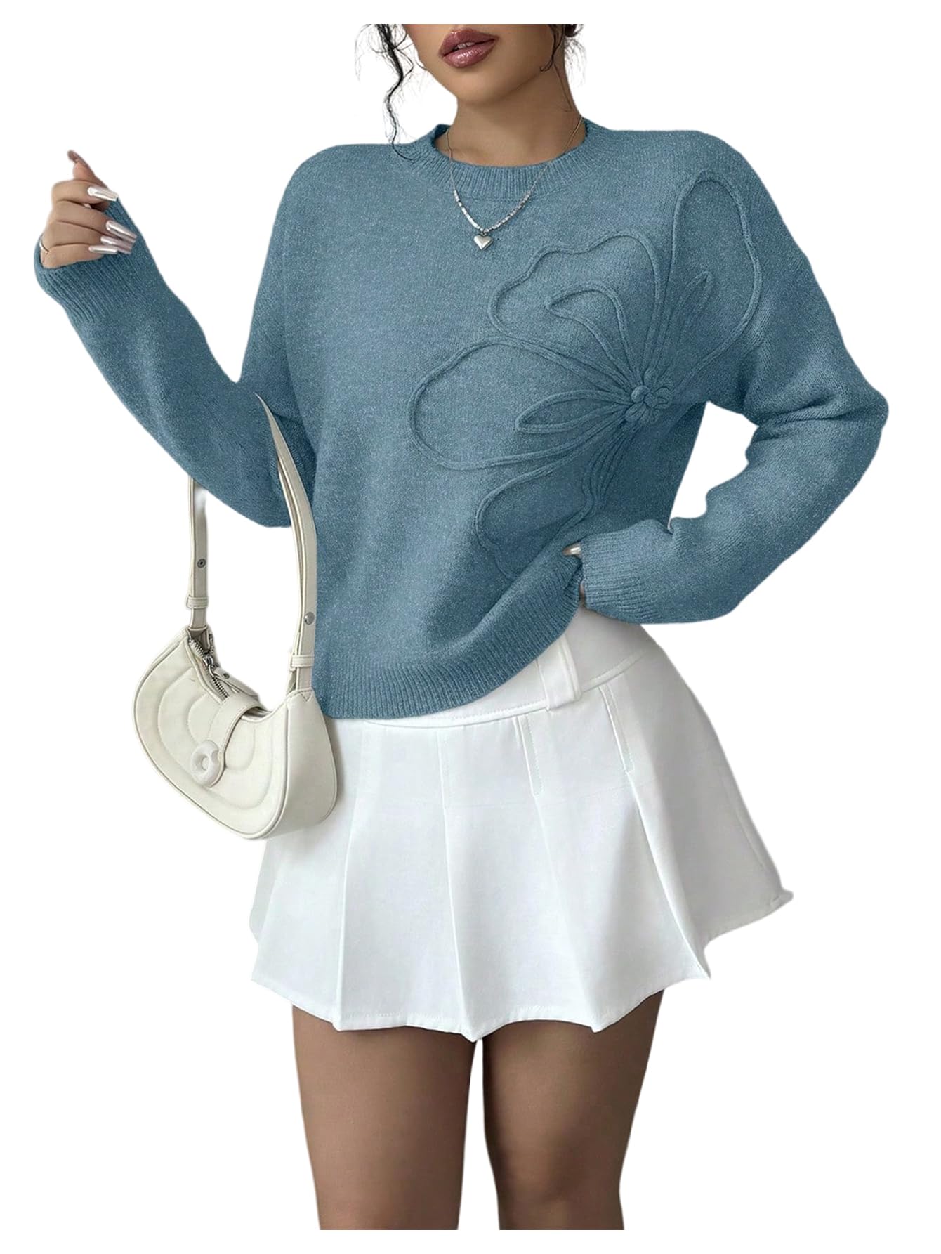 RoseSeek Women's 3D Floral Appliques Crewneck Sweaters Long Sleeve Drop Shoulder Pullovers Elegant Knit Tops