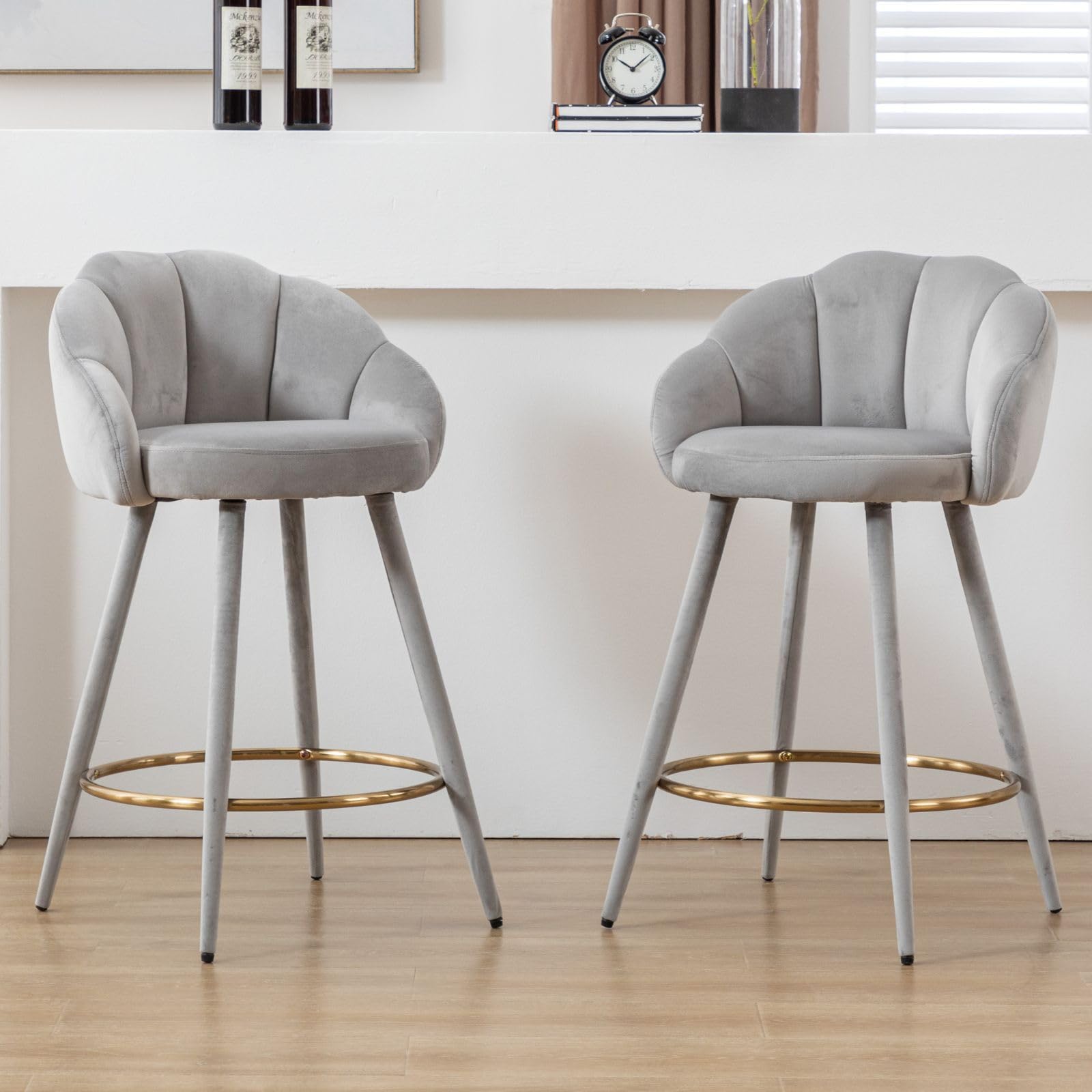 Juego de 2 Taburetes Alto de Terciopelo con Patas de Metal, Taburetes de Bar con Respaldo y Cojin Suave, Silla Individual para Salon/Bar/Restaurante,Gris