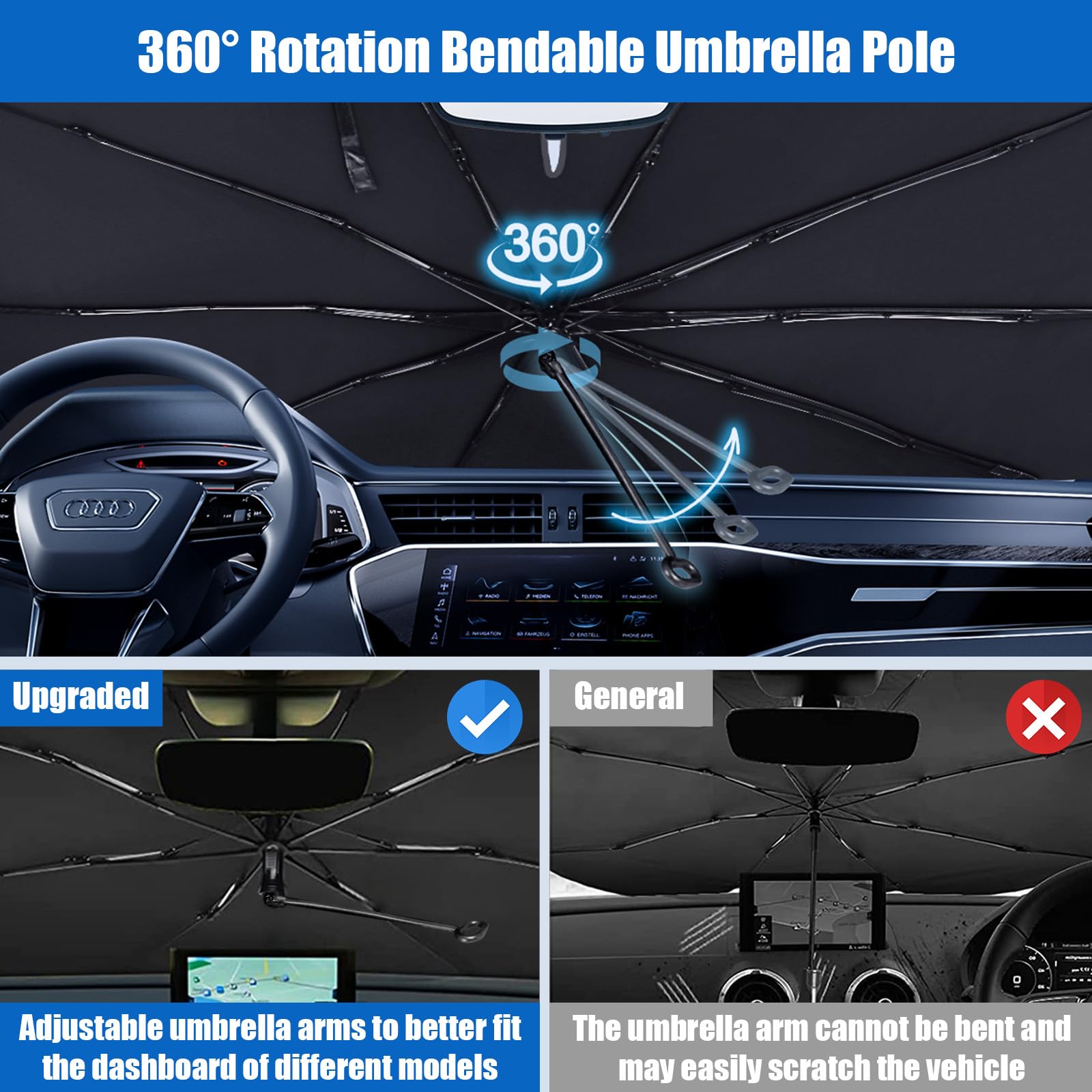 Pare-Soleil Voiture Parapluie BITOYO Pliable Rotatif 360° - Protection UV Pare-Brise Avant Pour SUV Et Compactes (L 140x78cm)