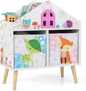 Toy Storage Organizer, Wooden Stand Bookcase w/ 2 Storage Bins, Children Toy Storage Chest Box w/Elevated Solid Wood Legs, Toy and Book Organizer for Playroom (White)