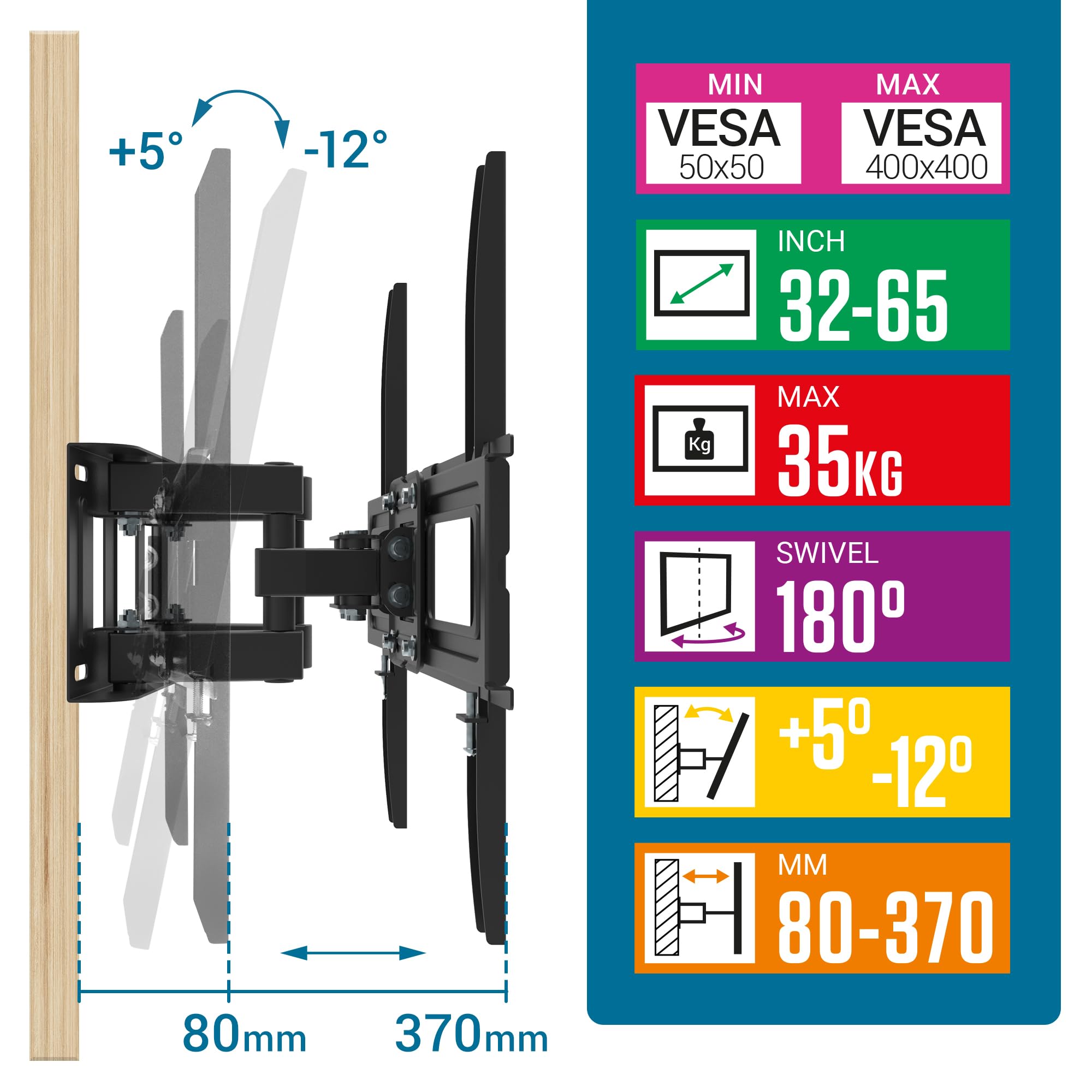 Atlantis P022-E20SDN Supporto TV parete orientabile e inclinabile, Staffa da Parete per TV da 32" a 65", Max 35Kg, Max VESA 400x400. Inclinazione Verticale da -12° a +12°. Ruotabile 180°.