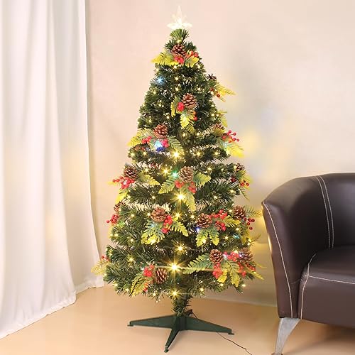 Miniatura 1 de Árbol de Navidad falso de fibra óptica preiluminado de 5 pies con 184 luces LED, 180 puntas de rama, 26 juegos de piñas y bayas rojas, 8 modos de