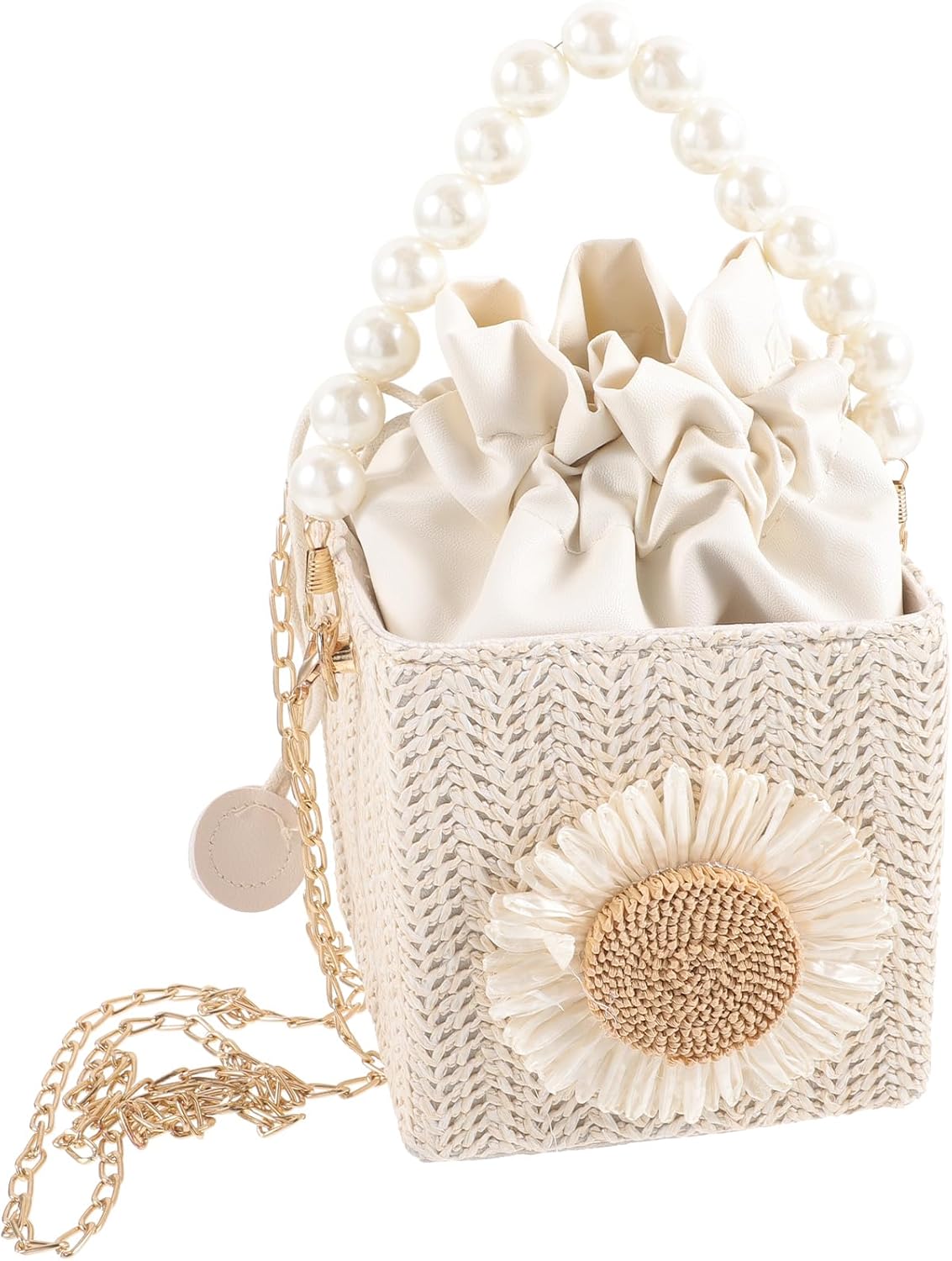 Straw Pearl Crossbody Bag Straw Drawstring Purse Rattan Bucket Bag With Pearls Chain Shoulder Purse Beach For Women Lady