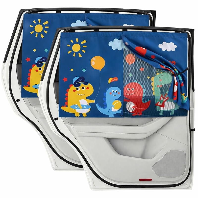 Protetor Solar Magnético para Janela Lateral Traseira EZTIME com Dupla Camada e Estampa de Dinossauro Azul, 2 unidades