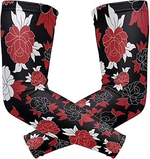 Seamless Traditional Flowers Black White Red Flower on Black 1 Pair Cooling Sports Arm Sleeves, Cover Uv Sun Protection Warmer for Sports Men Women Running Golf Cycling Riding Jogging