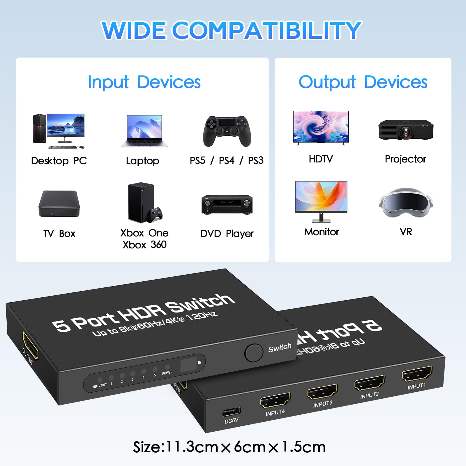 Switch HDMI 2.1 8K@60Hz 4K@120Hz, HDMI Switch 5 in 1 Out, con Telecomando, Supporta 48Gbps e HDCP 2.3 1080P UHD 3D Dolby Atmos Compatibile con PC,Monitor,PS4,TV Stick,Proiettore,HDTV,Lettore Blu-Ray