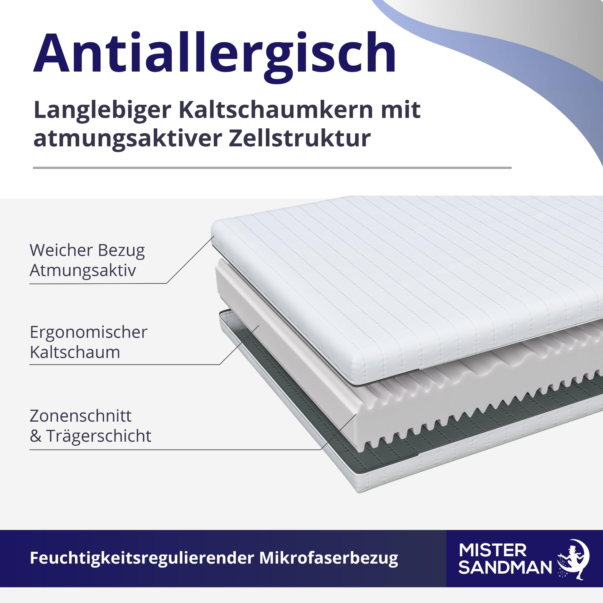 Mister Sandman Kaltschaummatratze 180x190 cm, H2/H3, 18 cm Höhe, Ergonomische 7-Zonen Matratze, Rollmatratze mit waschbarem Bezug, für Seiten-, Rücken- und Bauchschläfer