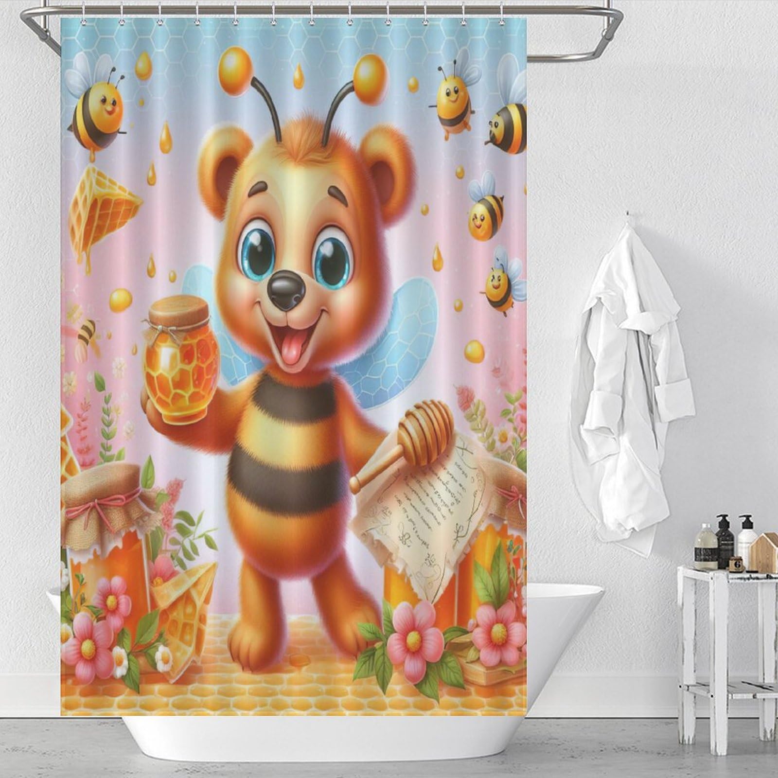 Rideaux de douche polyester lavable machine imperméable motif ours mignon baignoire 122x183cm