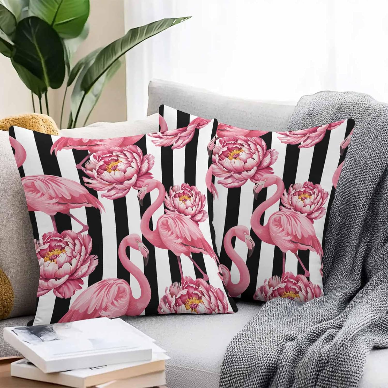 Waterproof Throw Pillow Covers, Summer Watercolor Pink Flamingo Flower Floral Print Black White Stripe Decorative Pillowcase Soft Cushion Case for Patio Couch Tent Balcony, Set of 2 Square, 20"X20"