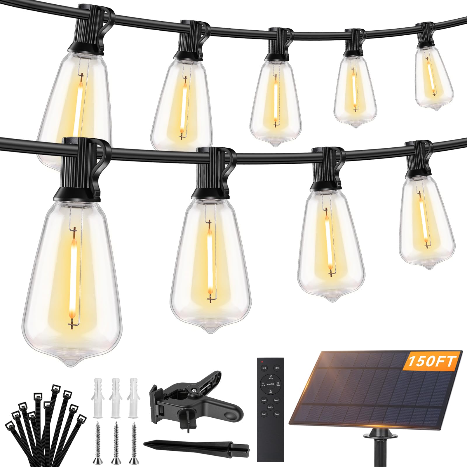 Brightever Solar-Lichterkette für den Außenbereich, wasserdicht, mit Fernbedienung, 55 + 2 bruchsichere ST38-LED-Leuchtmittel, dimmbar & 3 Beleuchtungsmodi, warmweiß, Solar-Terrassenleuchten für