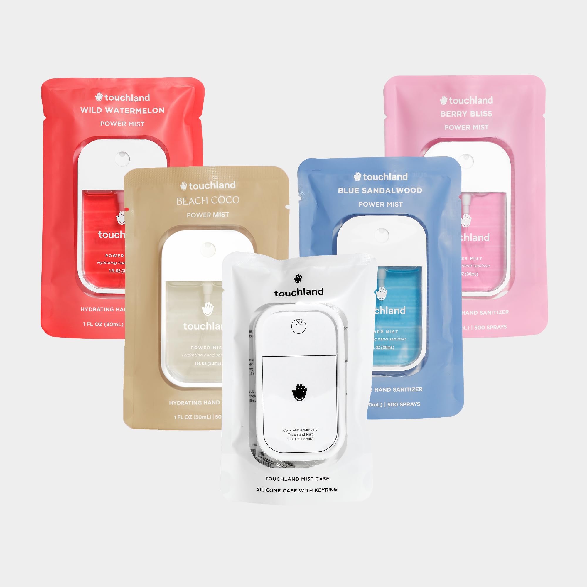 Hydrating Hand Sanitizer Spray, DREAM 5 Set (Watermelon, Berry, Beach Coco, Sandalwood, Icy White Hand Mist Case), 1 FL. OZ. Travel Size Power Mist Sprays with Case