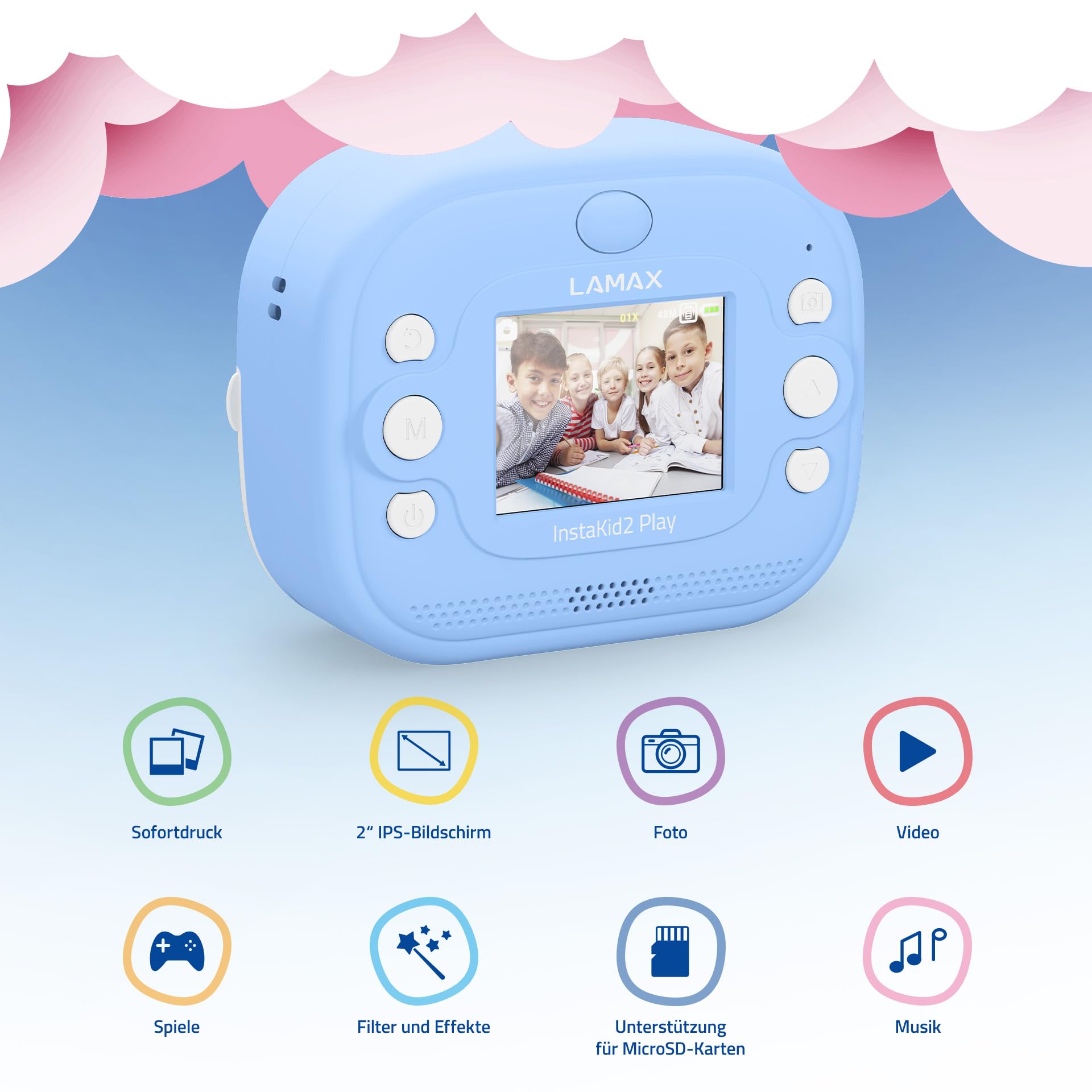 LAMAX InstaKid2 Play Blue Kinderkamera Digitalkamera mit Thermodruck ohne Tinte USB-C 2 Rolle Thermopapier