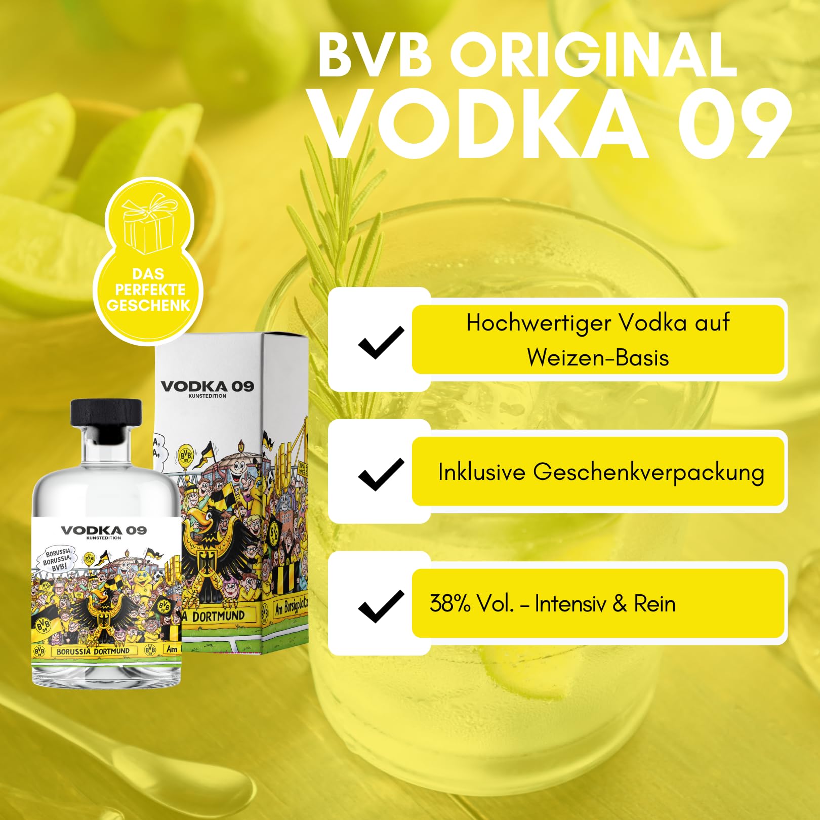 BVB Vodka 09 - Das Original | mit Geschenkverpackung | Fanartikel, Männer, Frauen, Weihnachten| Fußball, Hausbar | Geschenkidee für echte Borussia Dortmund Fans | 500ml Einzelflasche | 38% vol