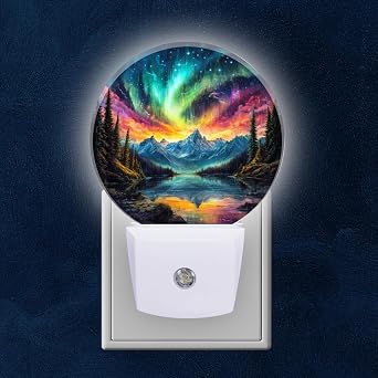 Round LED Night Lights Lamp with Dusk to Dawn Sensor, Northern Lights Over Mountains and Forests Night Light Plug Into Wall for Kids Room, Bedroom, Bathroom, Kitchen, Hallway
