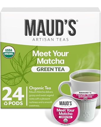 Maud's Organic Matcha Green Tea Pods, 24 ct, Single Serve Tea Pods 100% Gourmet Blended Tea Leaves, Compatible with Keurig K Cups Maker